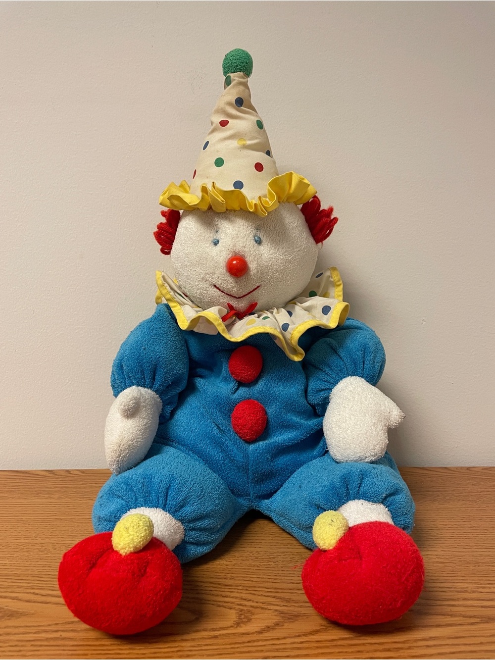 Vintage Eden Plush Clown Doll Blue Terry Cloth Polka Dot Primary Colors 20”